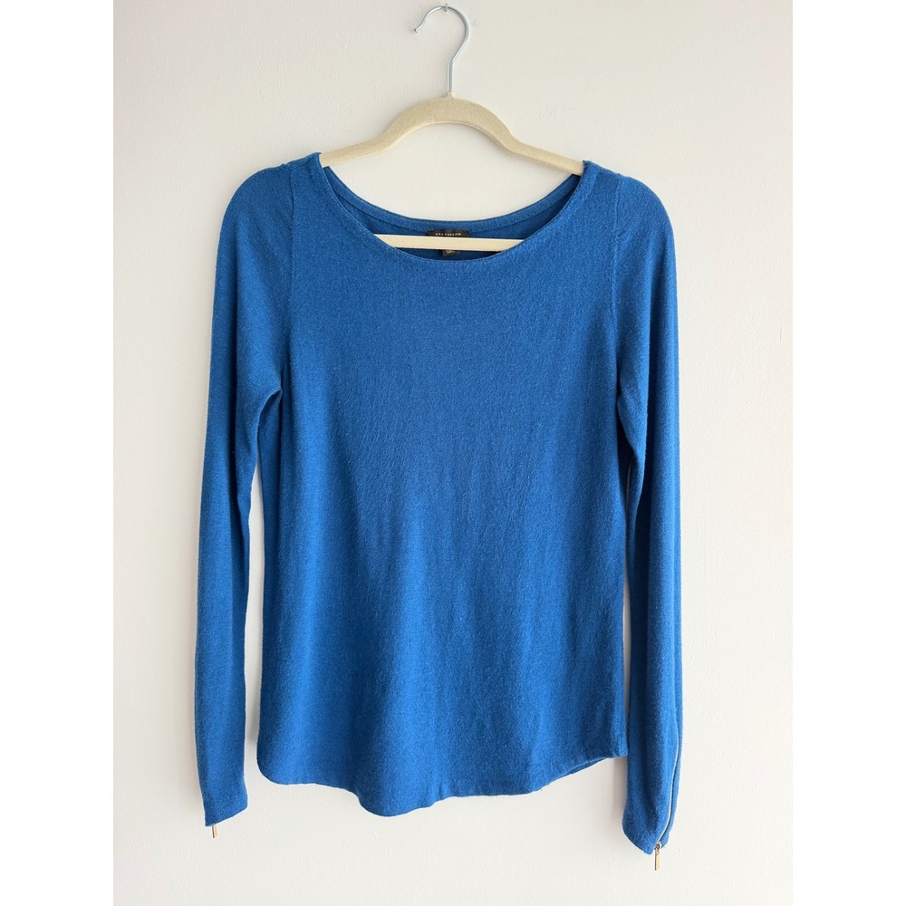Ann Taylor Royal Blue Scoop Neck Knit Top Gold Zipper Cuff Crew Long Sleeve S